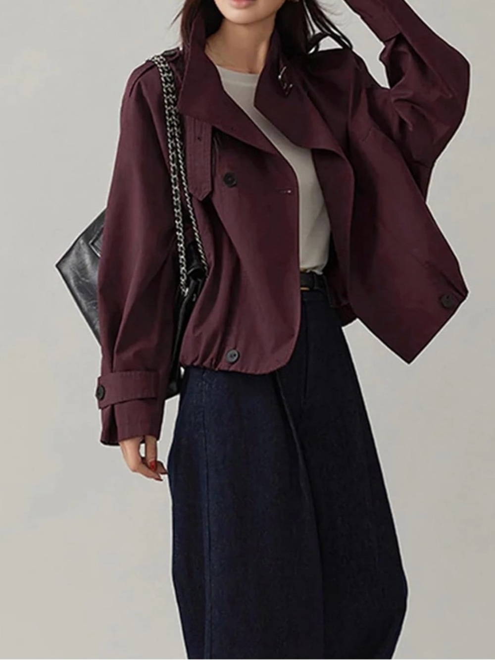 Women's Cropped Trench Jacket - Burgundy - Picture 3 of 6